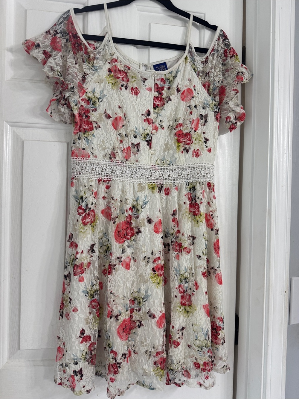 Girls White Lace Dress with Pink Floral Print - Cold-Shoulder